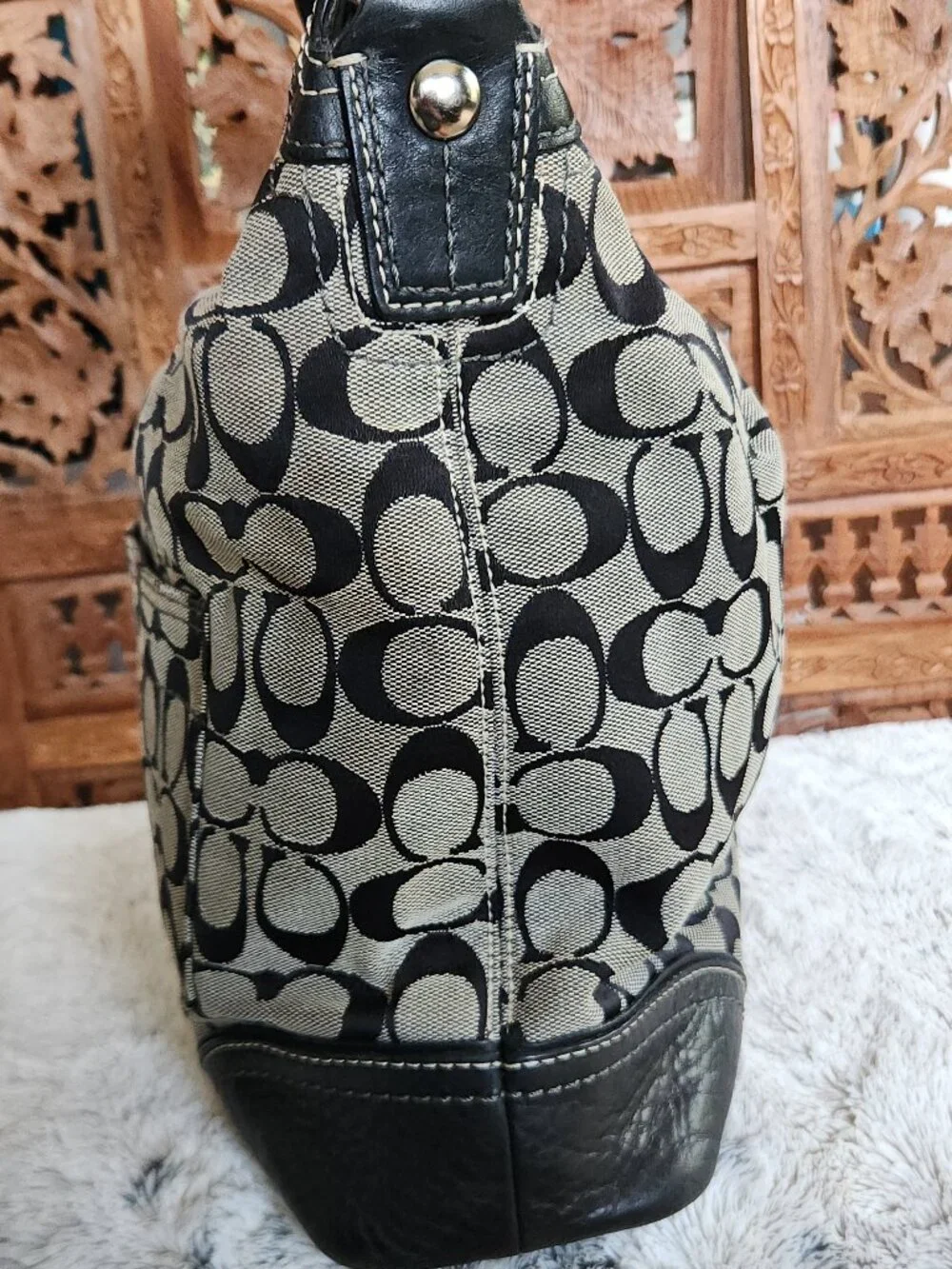 Coach Legacy Chelsea Hobo in Black/Gray Canvas with Creme Top Stitching 10982